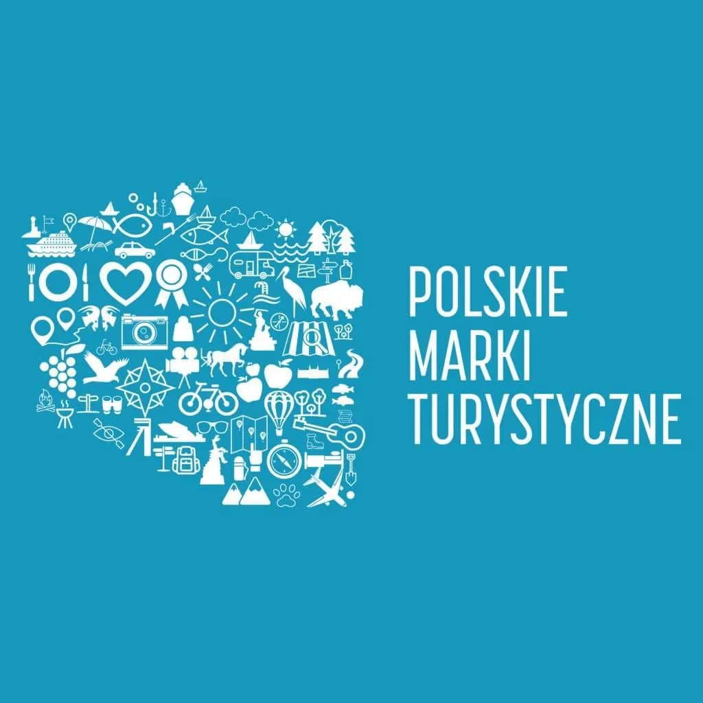 A collection of white icons representing various travel and tourism activities, animals, and landmarks, arranged in the shape of Poland, next to the white text 'POLSKIE MARKI TURYSTYCZNE' on a blue background.