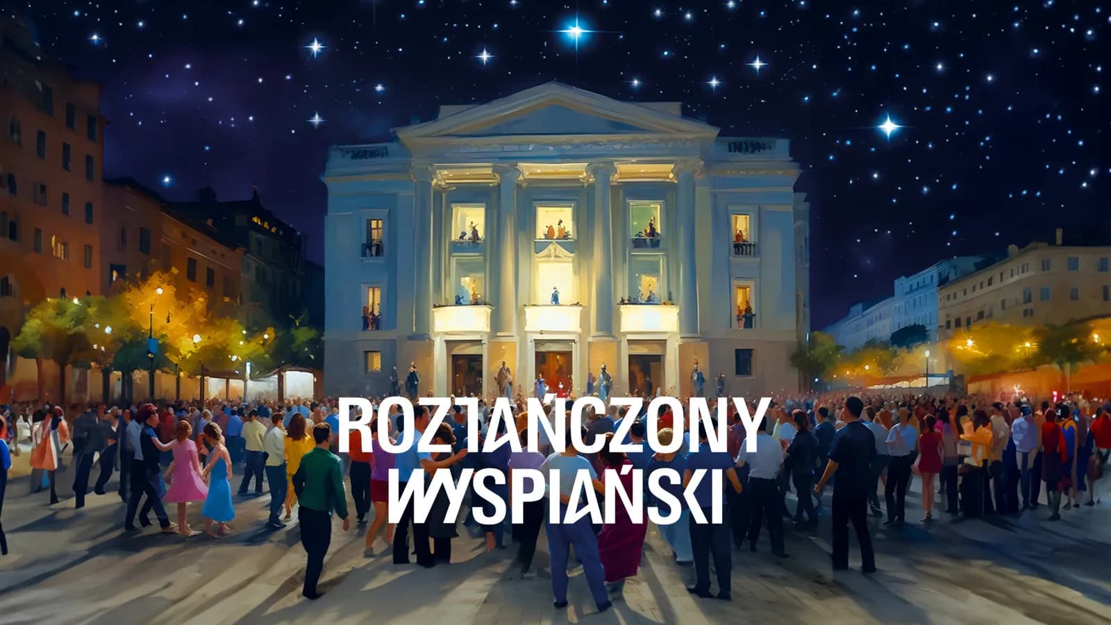 A crowd dances in a city square at night, illuminated by streetlights, with a grand building in the background that has people looking out from windows and balconies, under a sky full of stars.